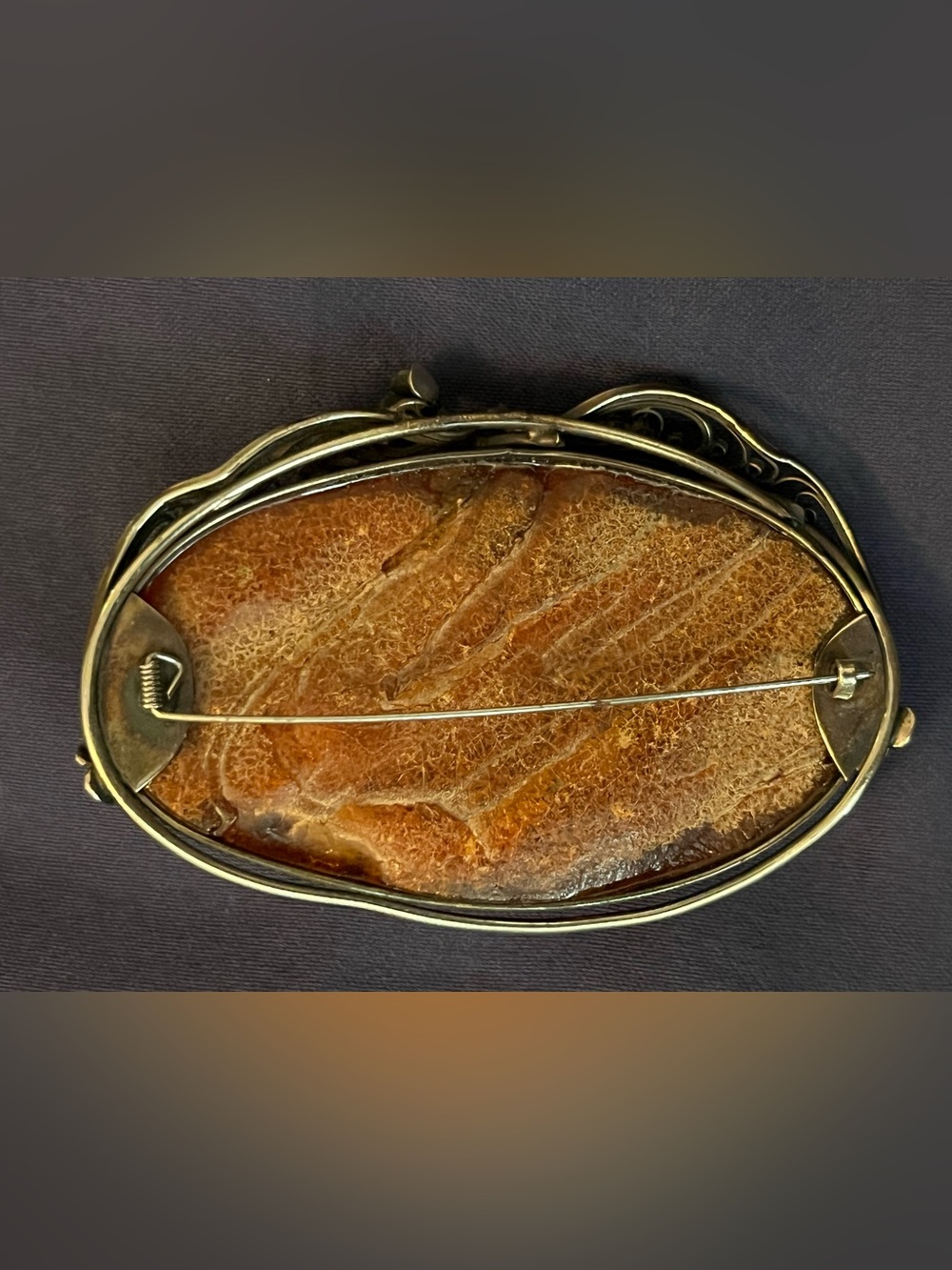 Sterling Silver Vintage Deep Honey Amber Brooch with Floral Filigree Setting - Picture 6 of 6